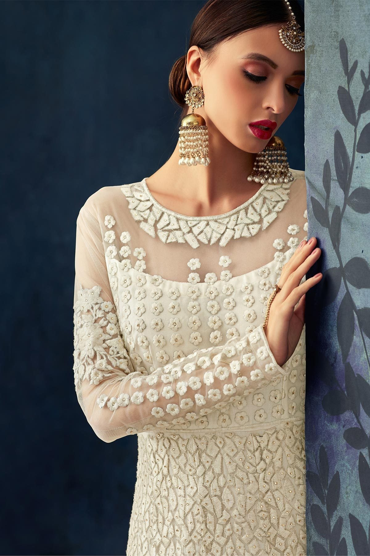 Cream Heavy Embroidered Party Wear Anarkali Suit