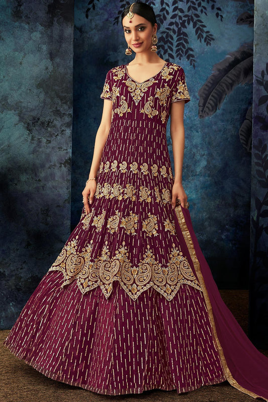 Wine Heavy Embroidered Party Wear Anarkali Suit