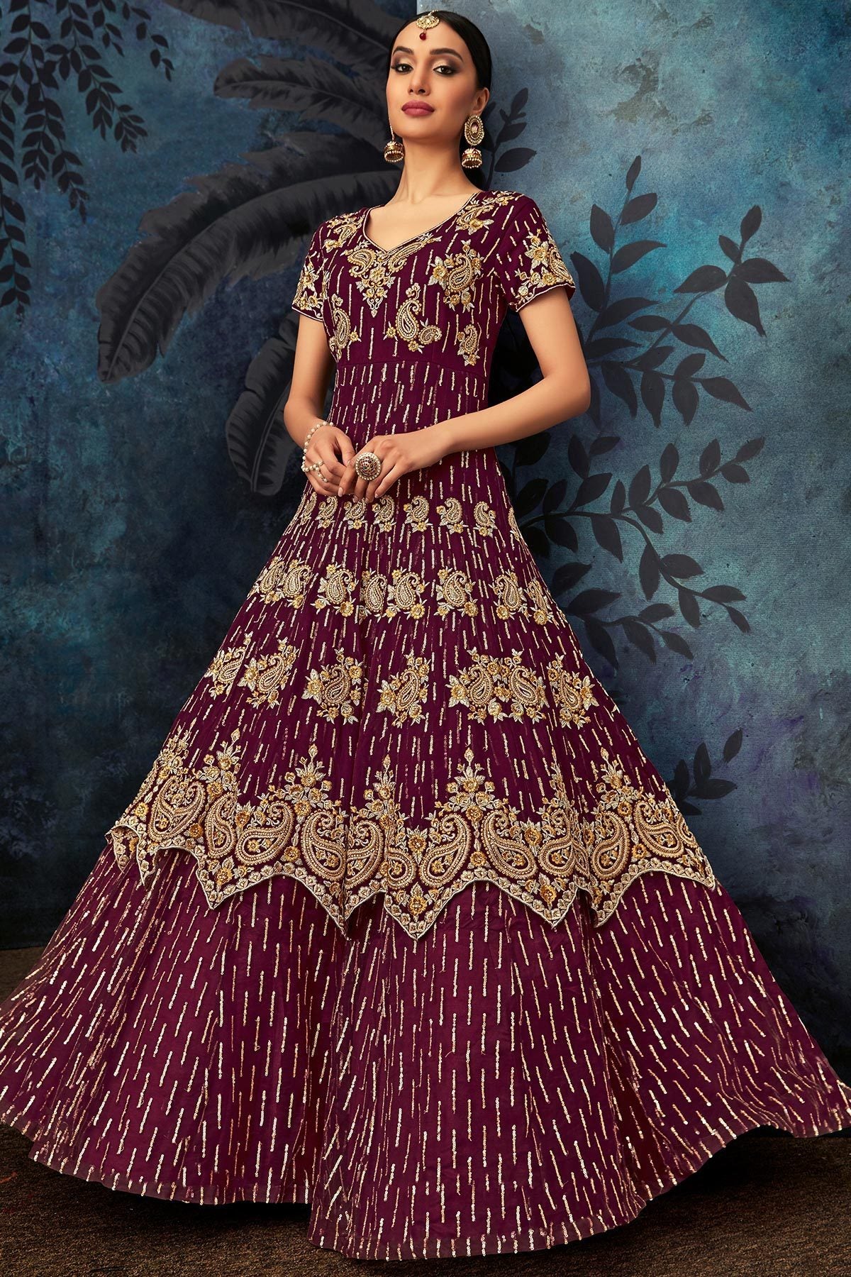 Wine Heavy Embroidered Party Wear Anarkali Suit