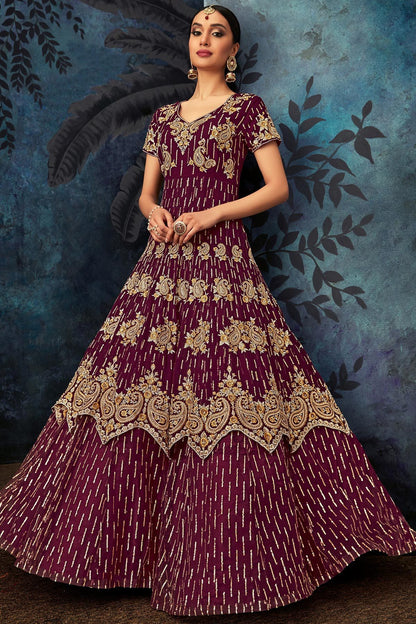 Wine Heavy Embroidered Party Wear Anarkali Suit