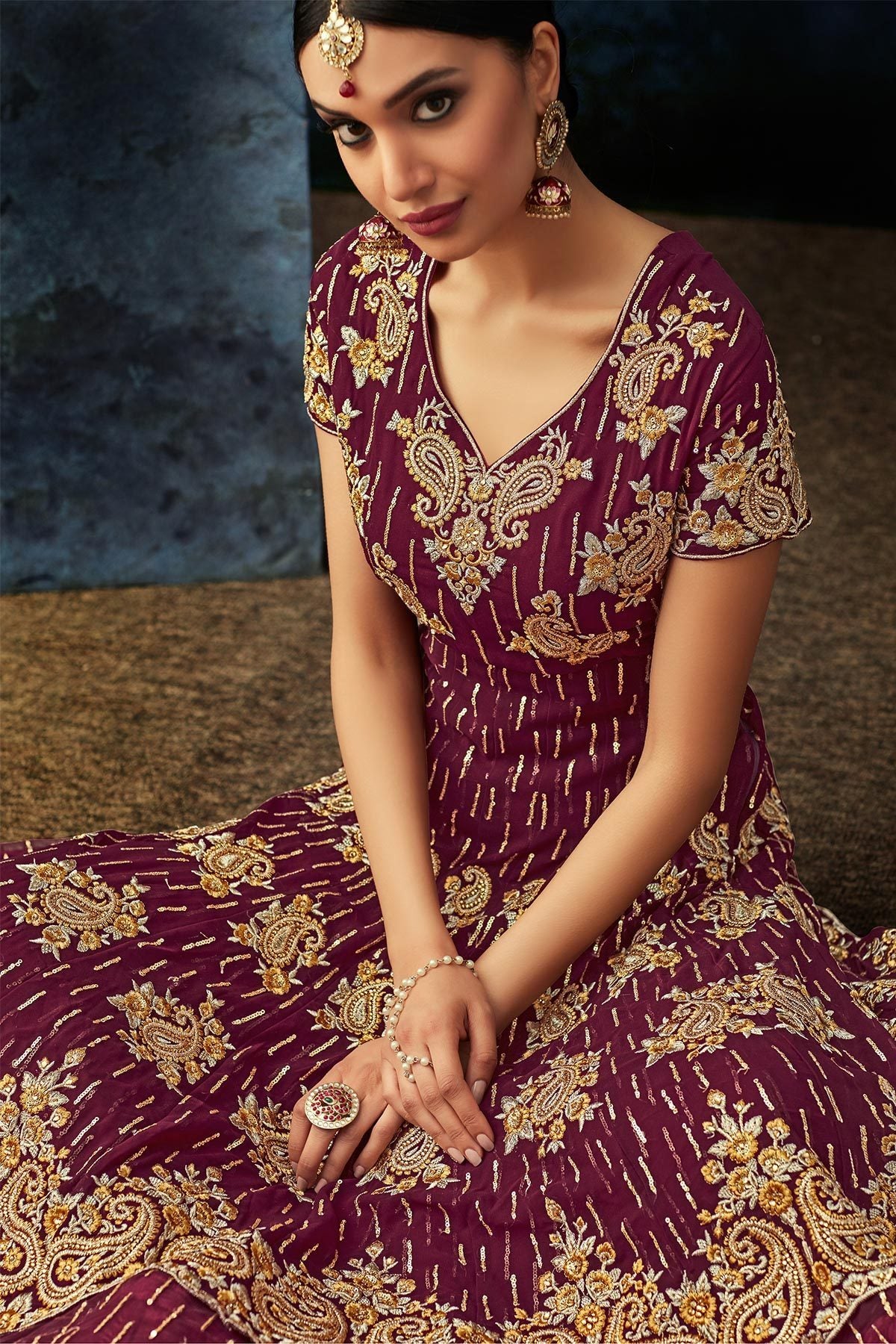 Wine Heavy Embroidered Party Wear Anarkali Suit