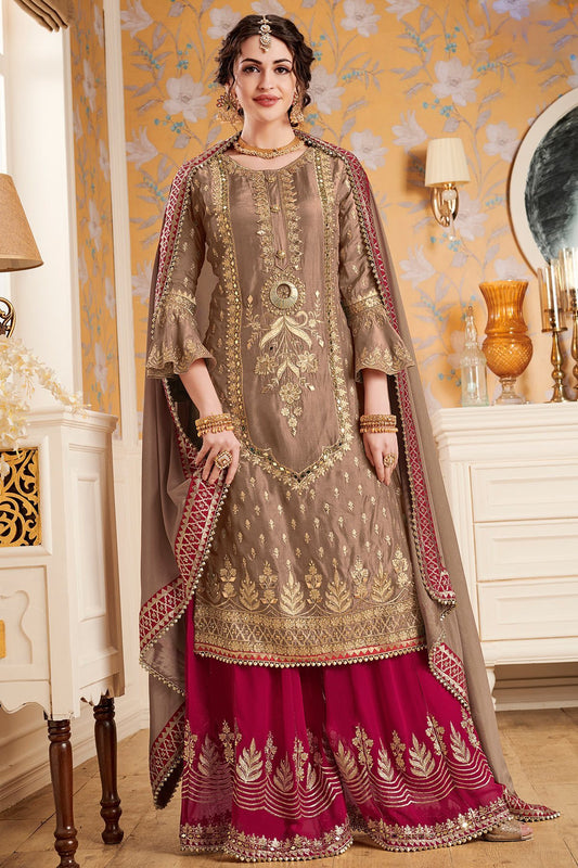 Beige and Burgundy Georgette suit with Palazzo