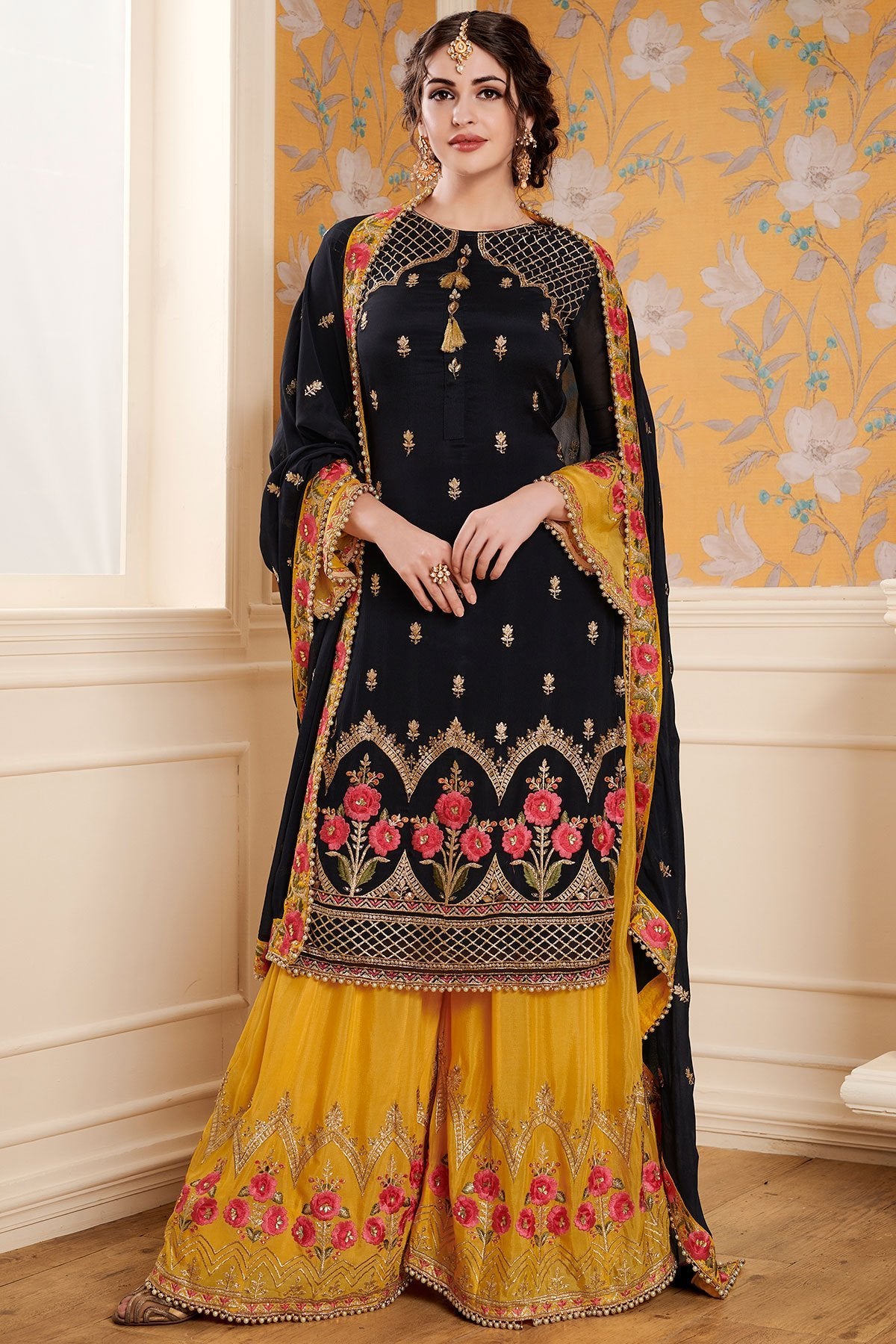 Yellow and Black Georgette suit with Palazzo