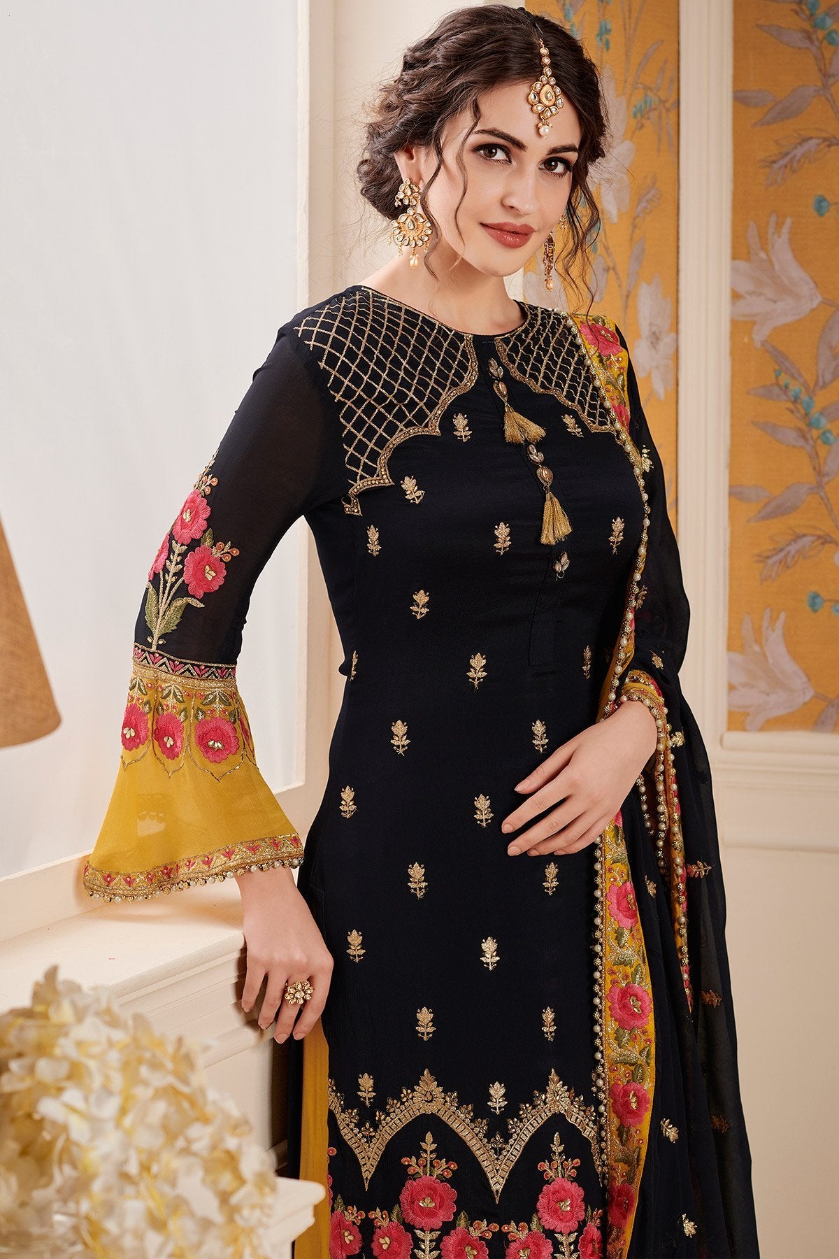 Yellow and Black Georgette suit with Palazzo