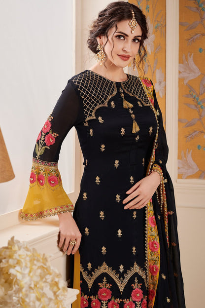 Yellow and Black Georgette suit with Palazzo