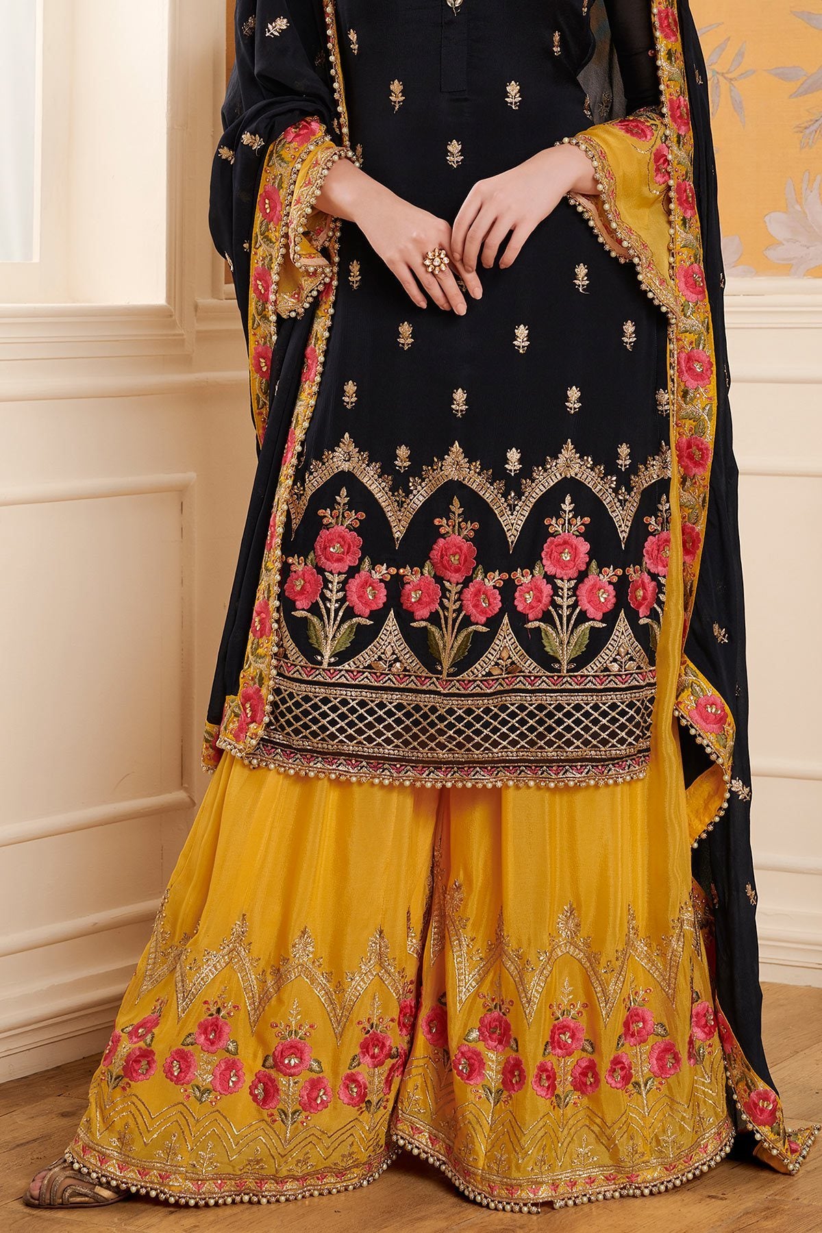 Yellow and Black Georgette suit with Palazzo
