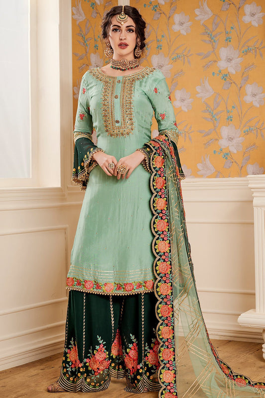 Green Party Wear Palazzo suit with net Dupatta