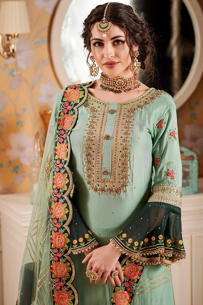 Green Party Wear Palazzo suit with net Dupatta