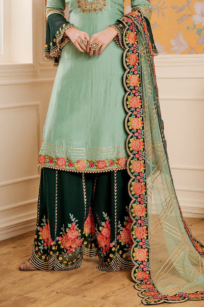 Green Party Wear Palazzo suit with net Dupatta