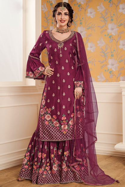 Purple Party Wear Palazzo suit with net Dupatta