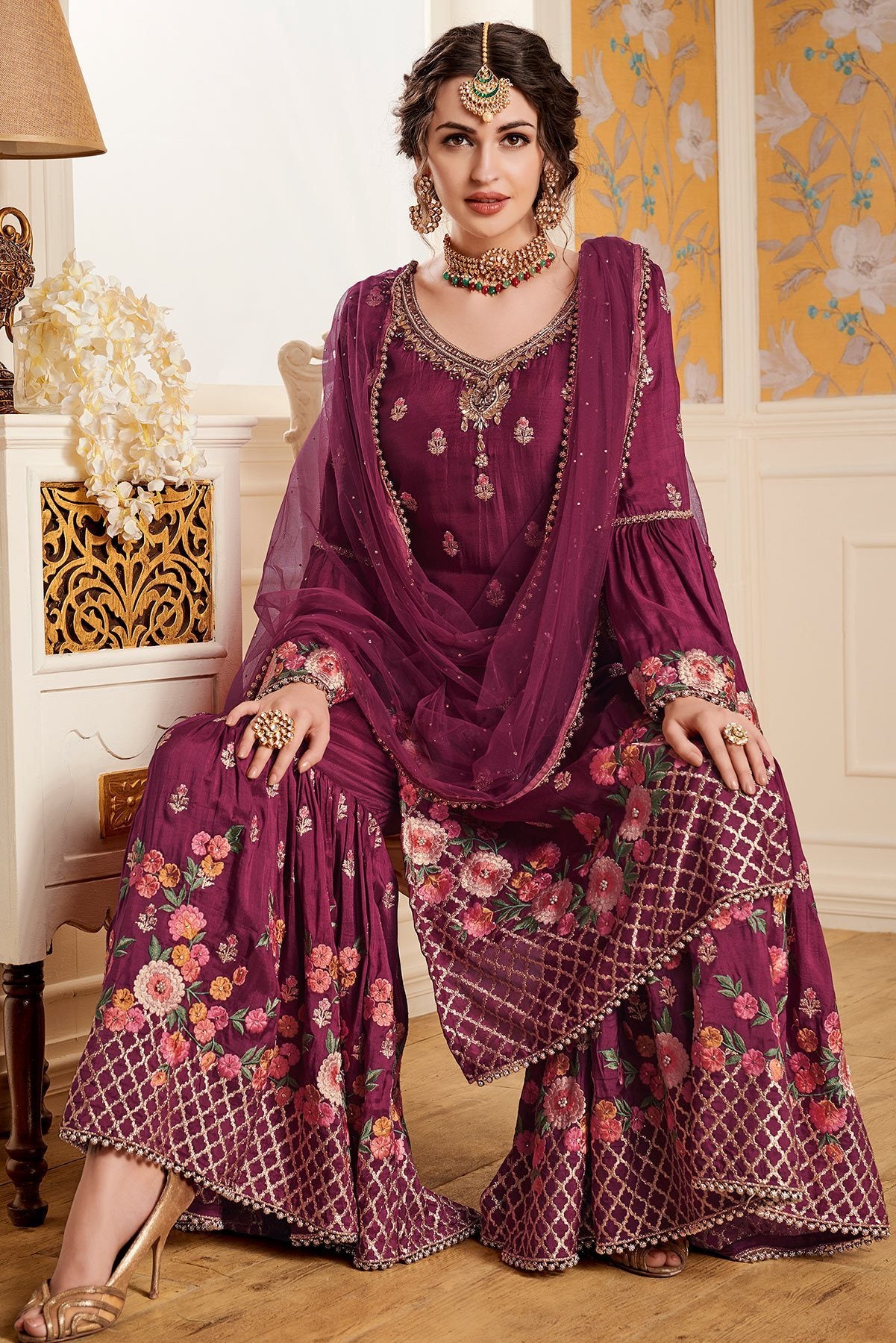 Purple Party Wear Palazzo suit with net Dupatta