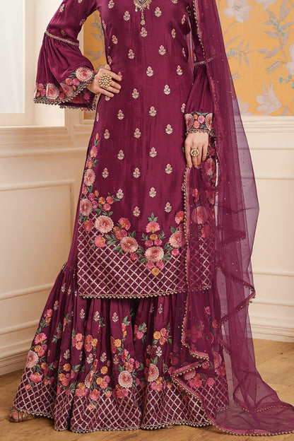 Purple Party Wear Palazzo suit with net Dupatta