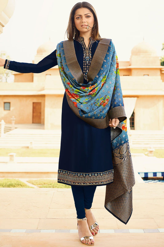 Indigo Blue Georgette Casual Straight Suit