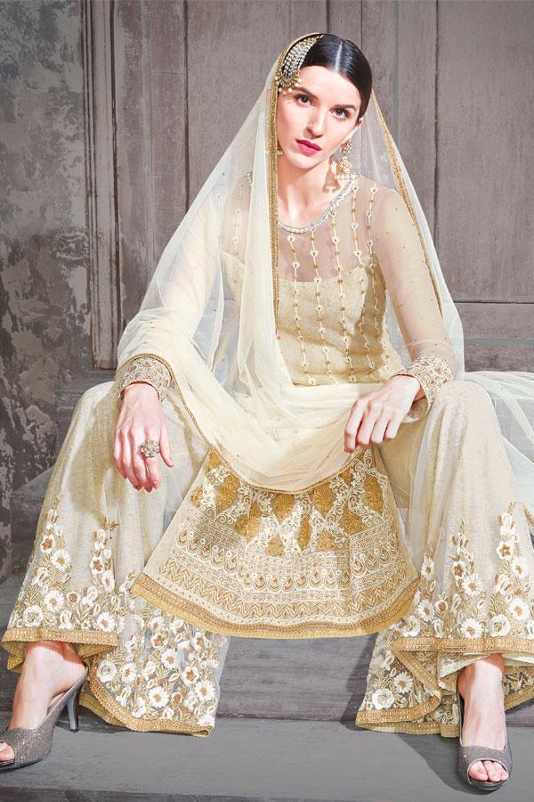 Beautiful Cream Party Wear Suit With Palazzo