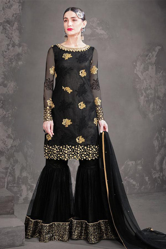 Outstanding Black Party Wear Sharara Style Suit