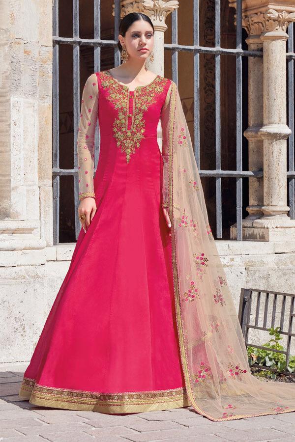 Rani-Pink Georgette Party wear Anarkali Suit with cream net duppatta
