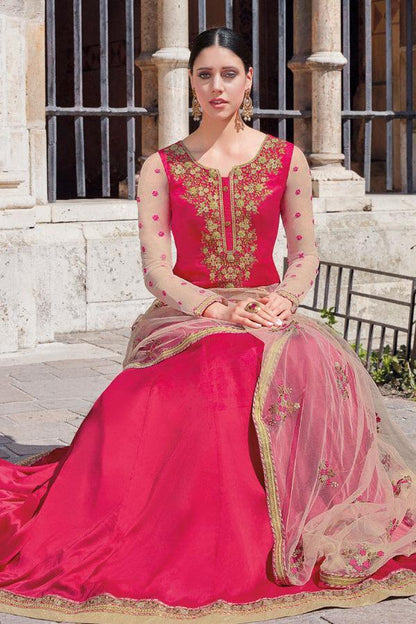 Rani-Pink Georgette Party wear Anarkali Suit with cream net duppatta