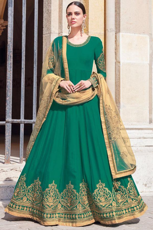Emerald-Green Georgette Party wear Anarkali Suit with Beige net duppatta