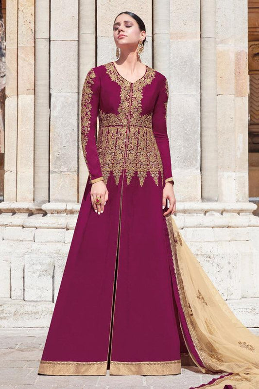 Maroon Georgette Anarkali Party wear Suit with Beige net duppatta