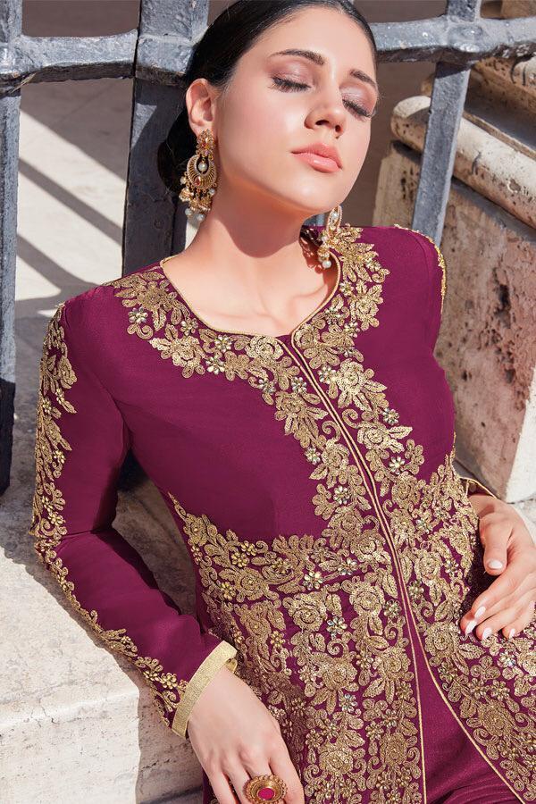 Maroon Georgette Anarkali Party wear Suit with Beige net duppatta