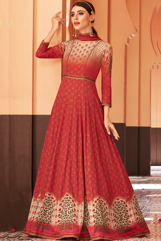 Red Partywear Printed Cotton Satin Gown