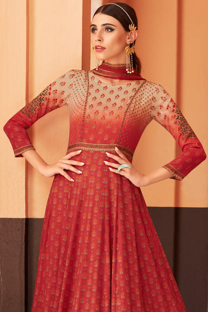 Red Partywear Printed Cotton Satin Gown