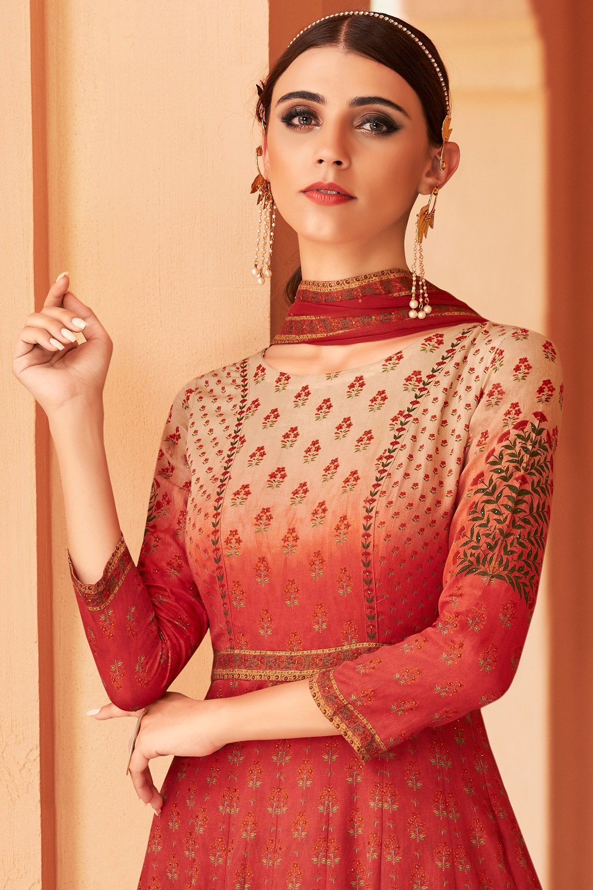 Red Partywear Printed Cotton Satin Gown