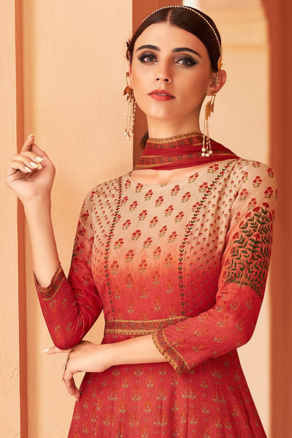 Red Partywear Printed Cotton Satin Gown