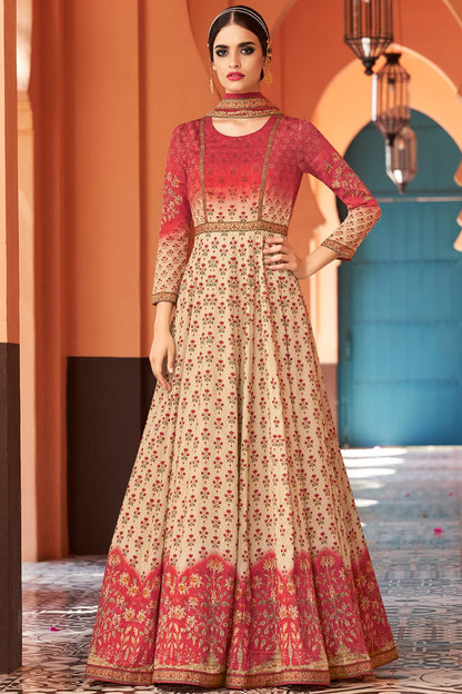Cream And Red Partywear Printed Cotton Satin Gown