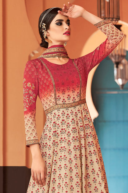 Cream And Red Partywear Printed Cotton Satin Gown