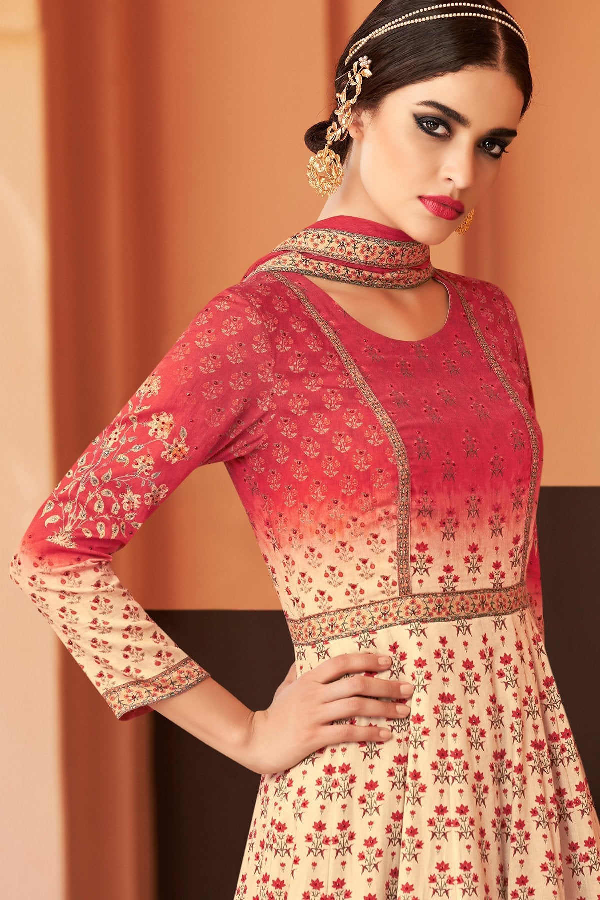 Cream And Red Partywear Printed Cotton Satin Gown