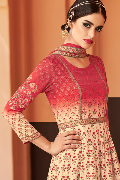 Cream And Red Partywear Printed Cotton Satin Gown