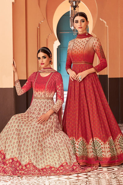 Cream And Red Partywear Printed Cotton Satin Gown