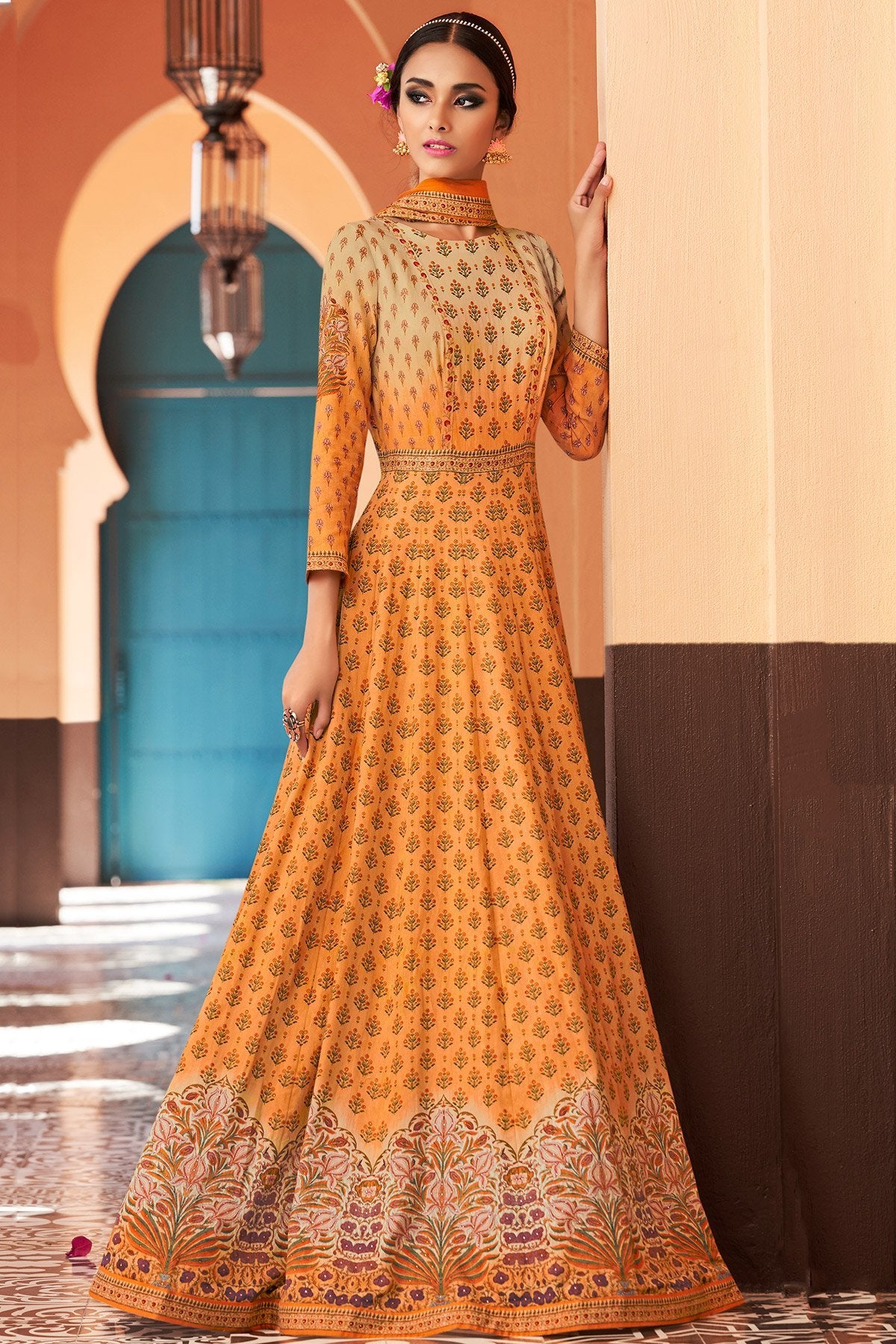 Yellow Partywear Printed Cotton Satin Gown