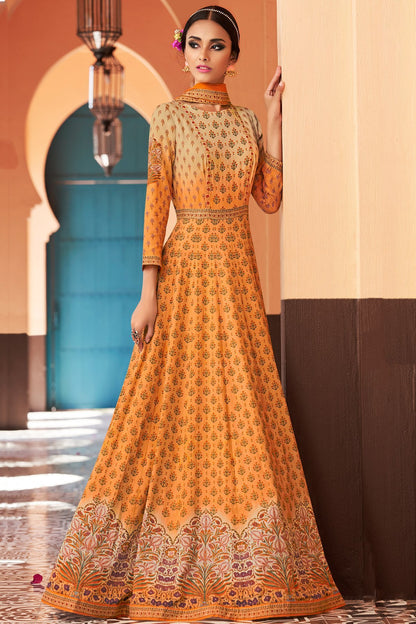 Yellow Partywear Printed Cotton Satin Gown