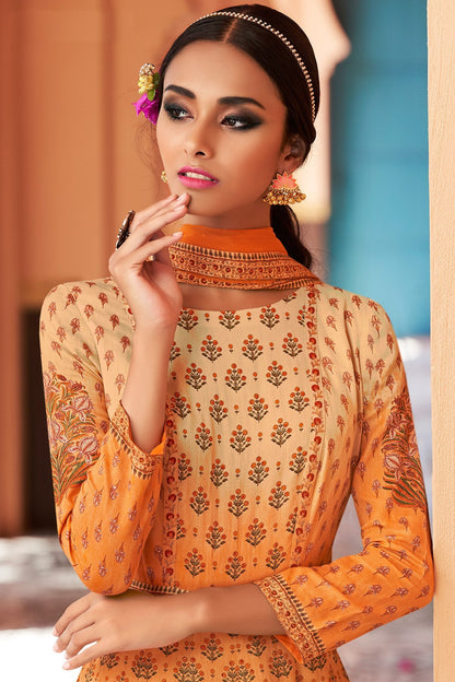 Yellow Partywear Printed Cotton Satin Gown