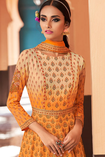 Yellow Partywear Printed Cotton Satin Gown