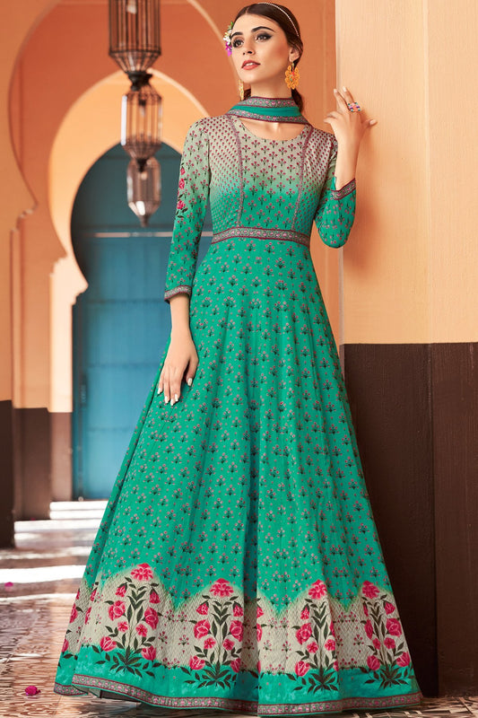 Sea Green Partywear Printed Cotton Satin Gown