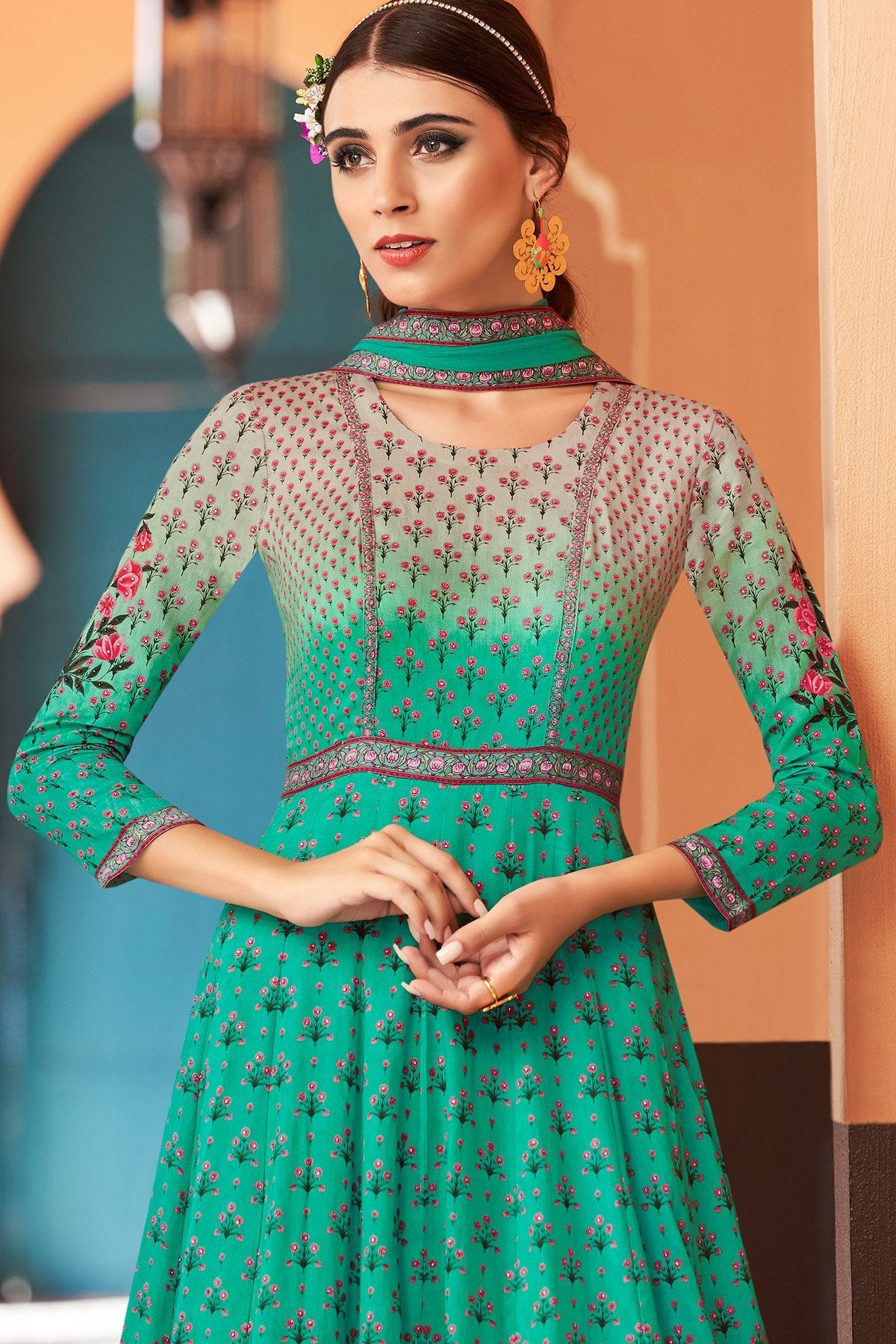 Sea Green Partywear Printed Cotton Satin Gown