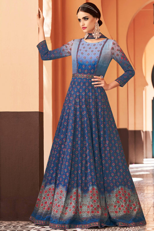 Blue Partywear Printed Cotton Satin Gown