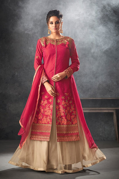 Scarlet-Red color Raw Silk Lehenga Style Suit