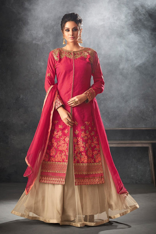 Scarlet-Red color Raw Silk Lehenga Style Suit