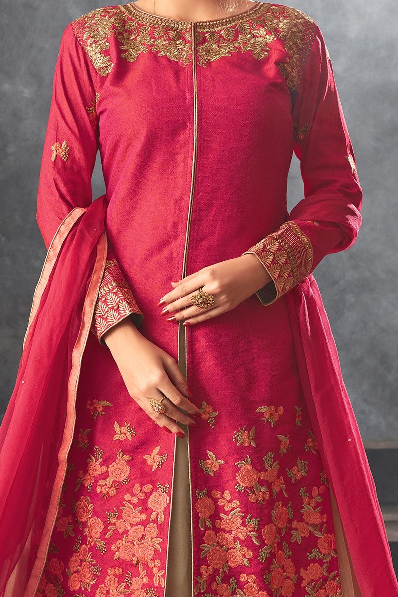 Scarlet-Red color Raw Silk Lehenga Style Suit