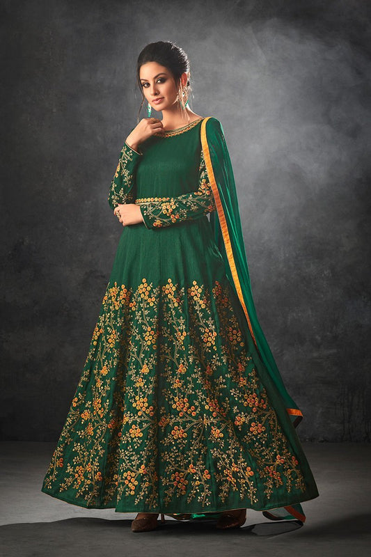 Basil-Green color Raw Silk Party Wear Anarkali Suit