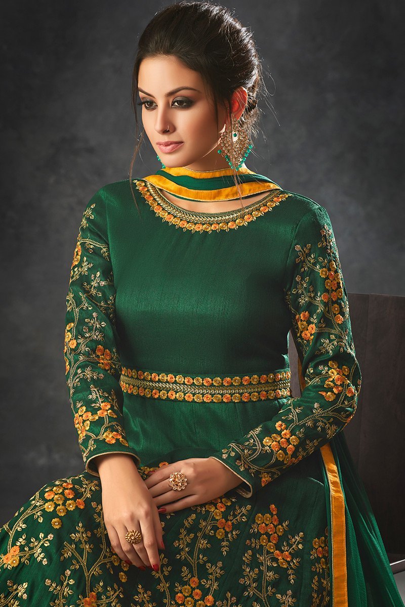 Basil-Green color Raw Silk Party Wear Anarkali Suit