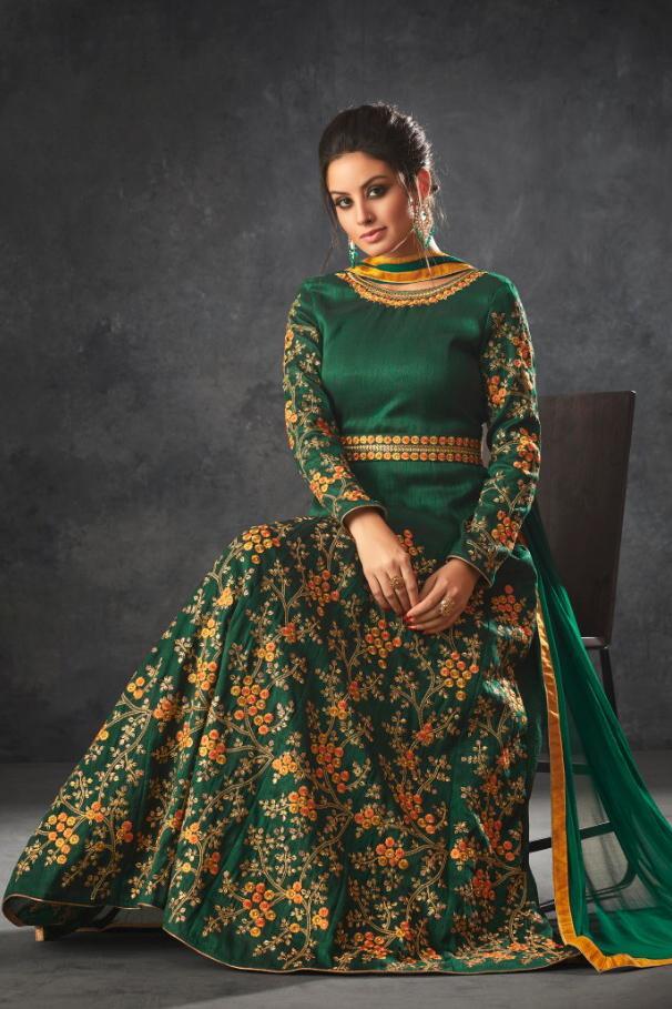 Basil-Green color Raw Silk Party Wear Anarkali Suit