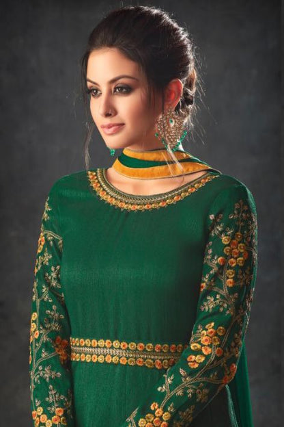 Basil-Green color Raw Silk Party Wear Anarkali Suit