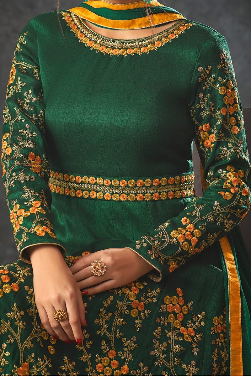 Basil-Green color Raw Silk Party Wear Anarkali Suit