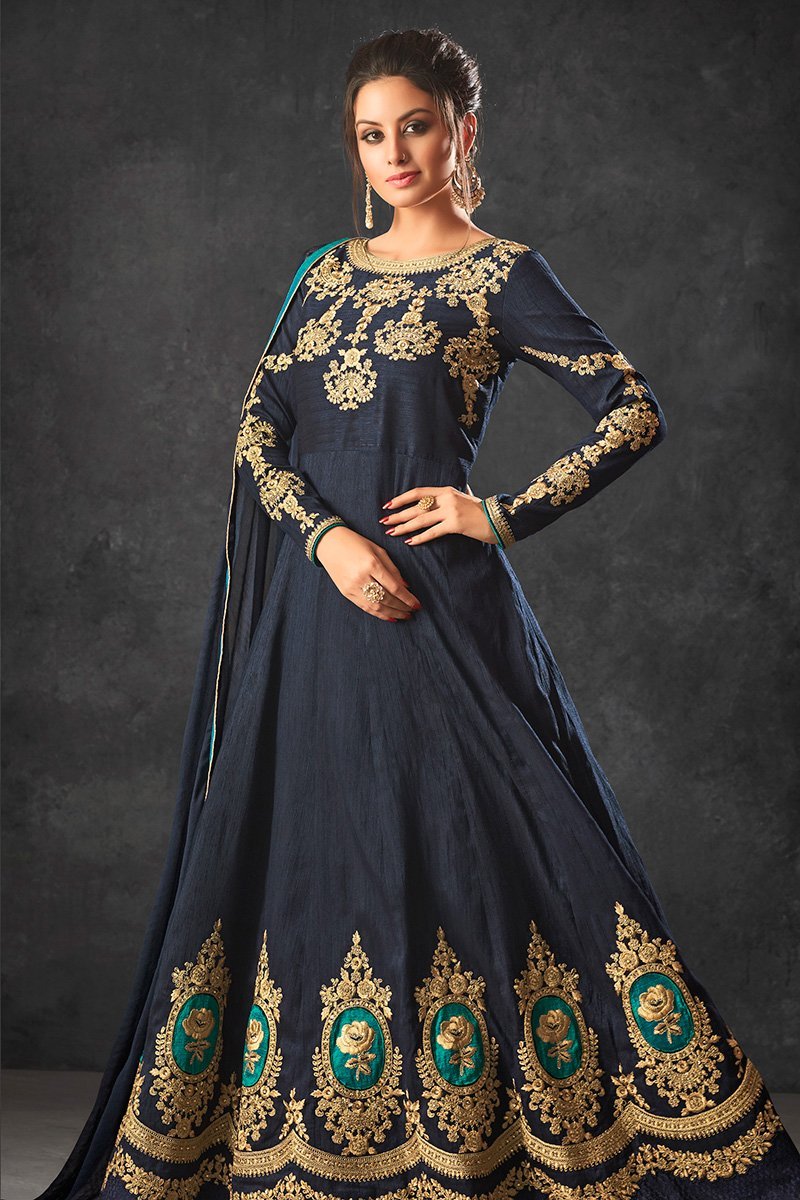 Indigo-Blue color Raw Silk Party Wear Anarkali Suit