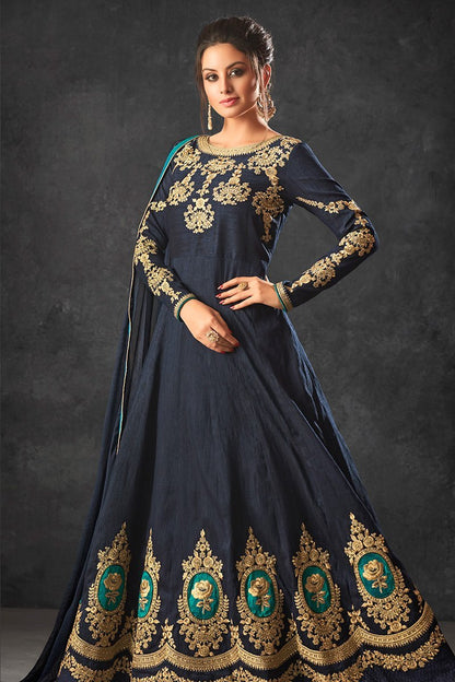 Indigo-Blue color Raw Silk Party Wear Anarkali Suit